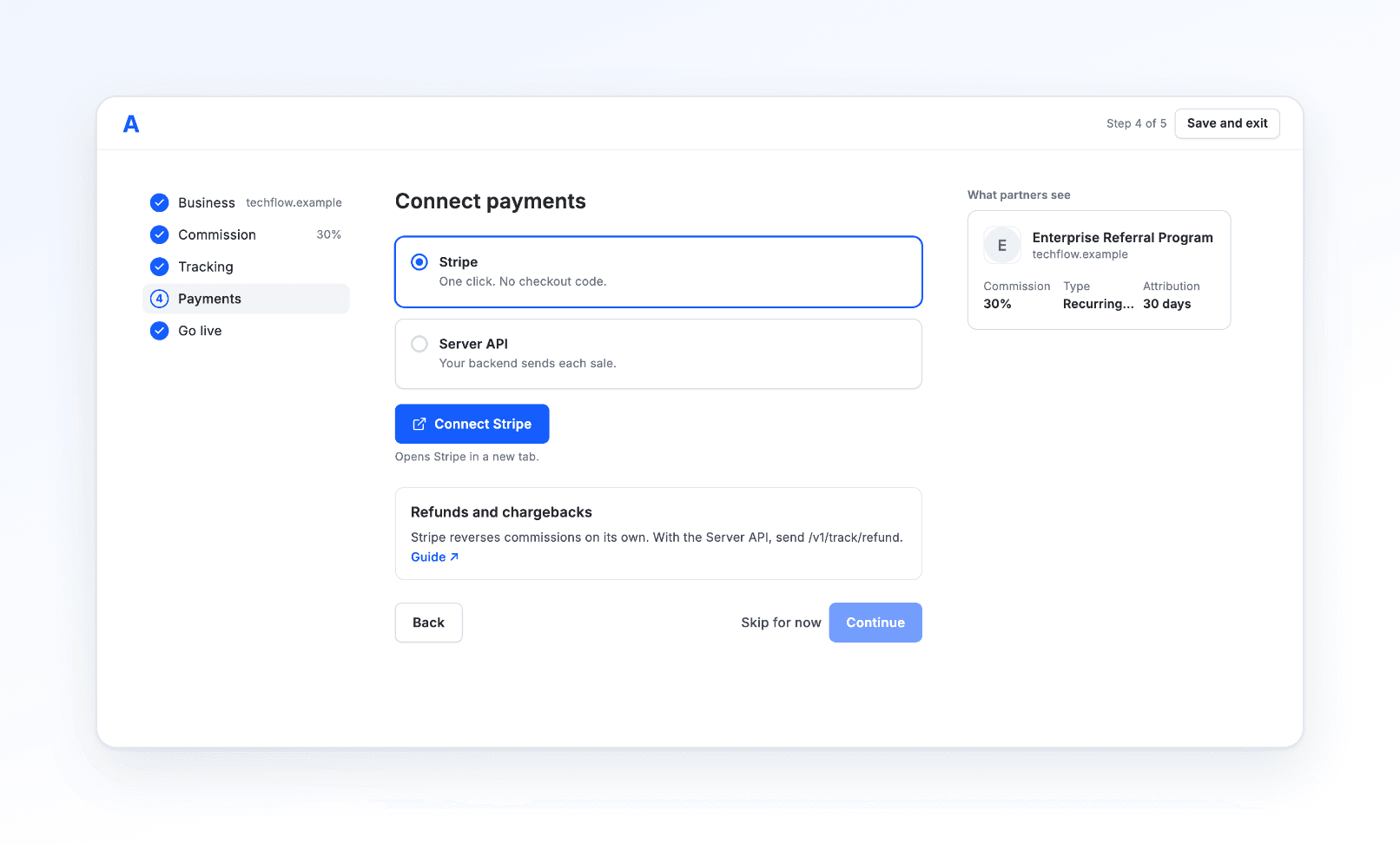 Setup step 4 of 5, Connect payments: choose Stripe (one click, no checkout code) or the Server API, then connect; a note explains how refunds and chargebacks reverse commissions
